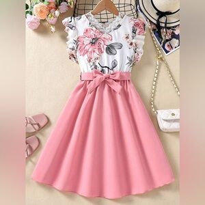 NWT SHEIN 11-12Y Tween Girl Floral Print Ruffle Trim Neckline Belted Pink Dress